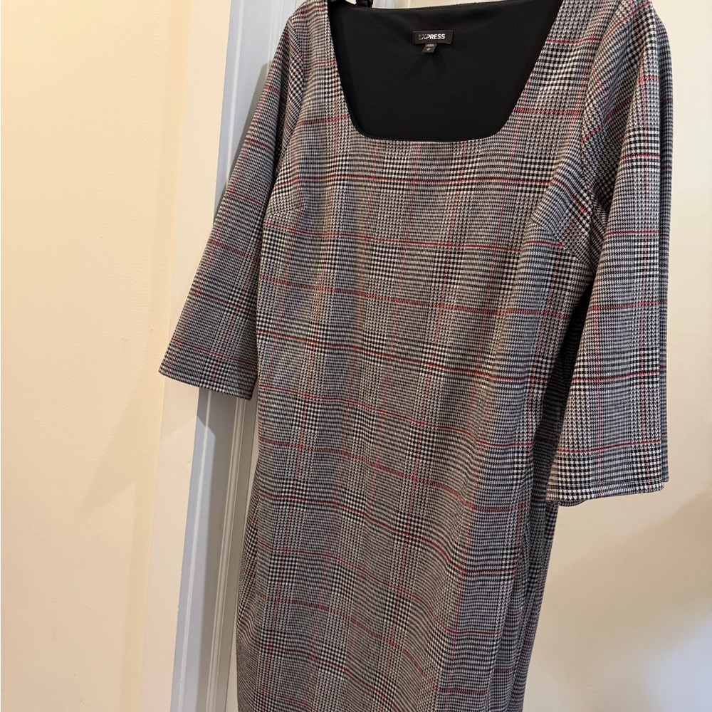 Express Black and Gray Plaid Long Sleeve Dress